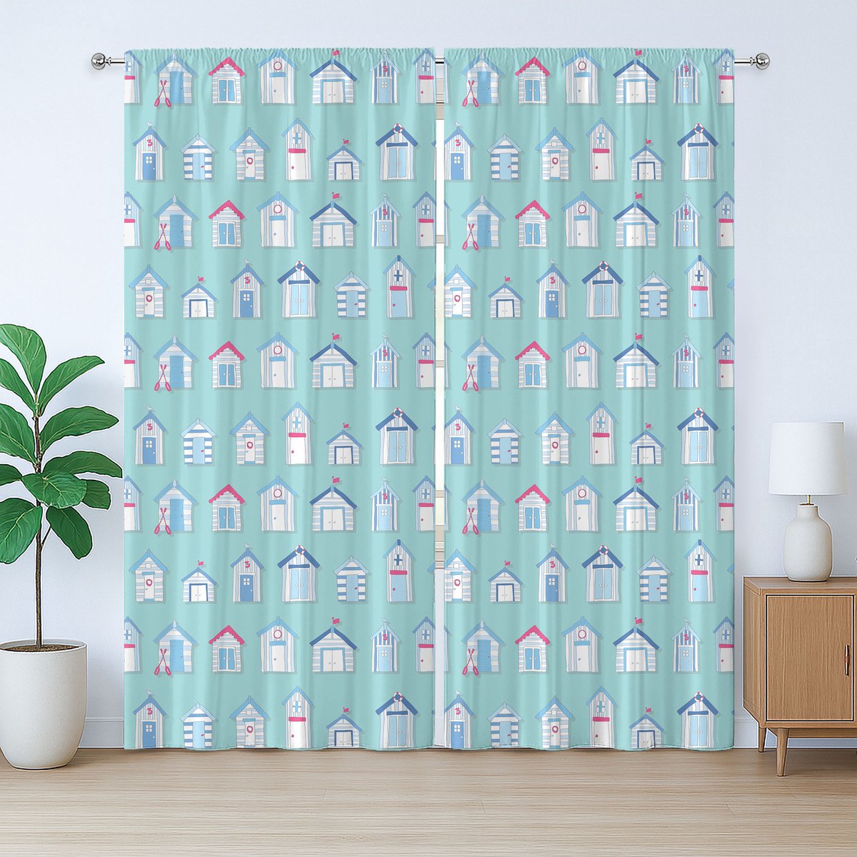 ABAKUHAUS Rustiek strandgordijn, ontwerp met talloze kleine hutjes, met lussen en haken voor de woonkamer, 280 x 175 cm, zeegroen meerkleurig
