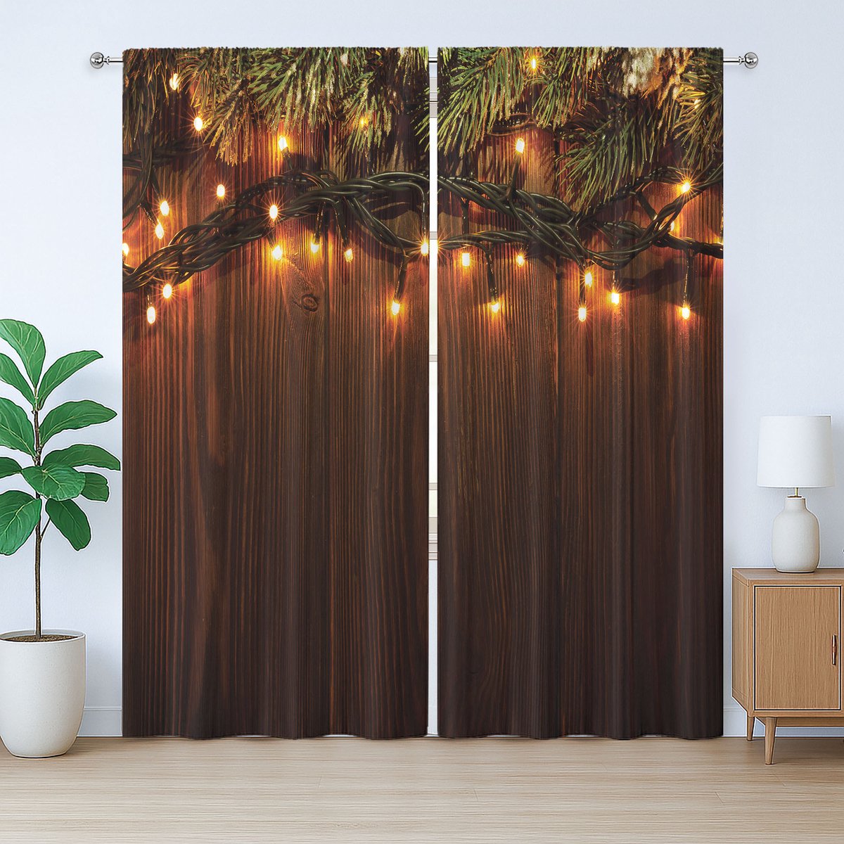 ABAKUHAUS Landelijk Rustiek Gordijn, Kerstthema, Universele Gordijnen met Bandjes, Lussen en Haken voor de Woonkamer, 280 x 245 cm, Bruingroen