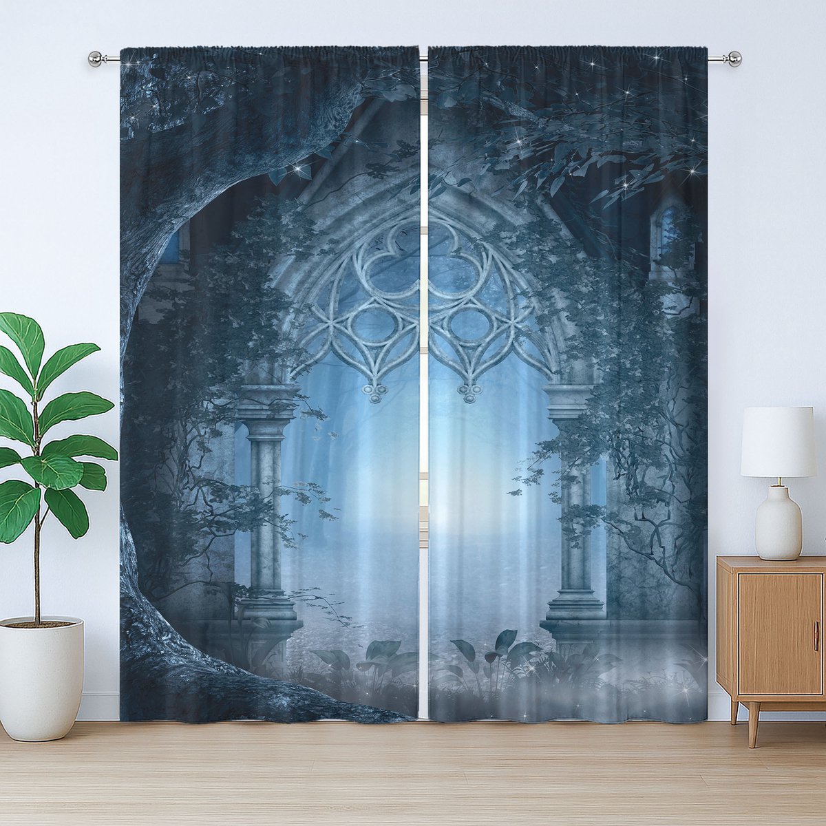ABAKUHAUS Rustiek Landschap Gordijn, Mistig Paleis, Universele Gordijnen met Bandjes en Lussen voor de Woonkamer, 280 x 225 cm, Marineblauw Grijs