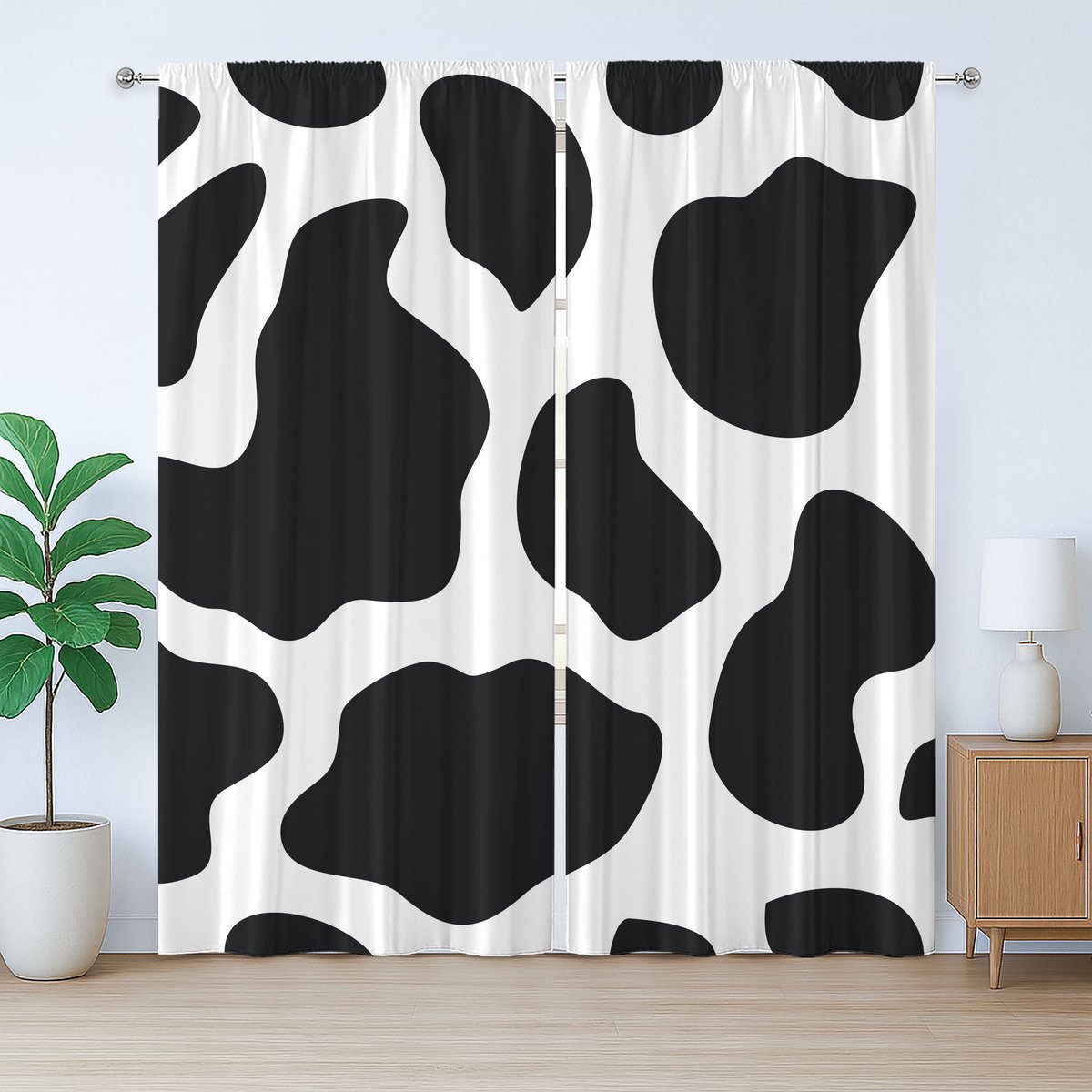 ABAKUHAUS Rustiek gordijn met koeienprint, wit koeienhuidmotief, met lussen en haken voor de woonkamer, 280 x 260 cm, wit zwart