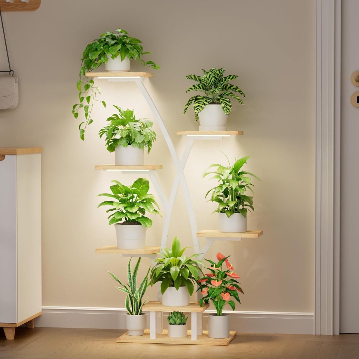 Plantenstandaard met groeilicht, 7 niveaus, bloemenstandaard, 105 cm, metaal, hout, plantenrek, binnen en buiten, bloementrap, decoratief bloemenrek voor binnen, tuin, balkon, wit