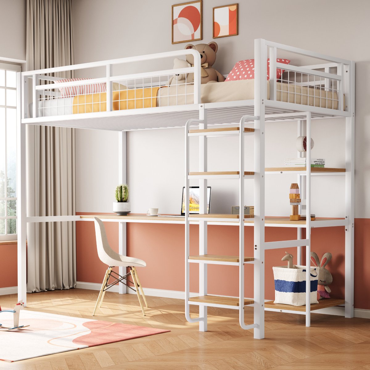 MODFU Hoogslaper 90x200 cm – Met bureau & planken – Veiligheidsladder – Wit