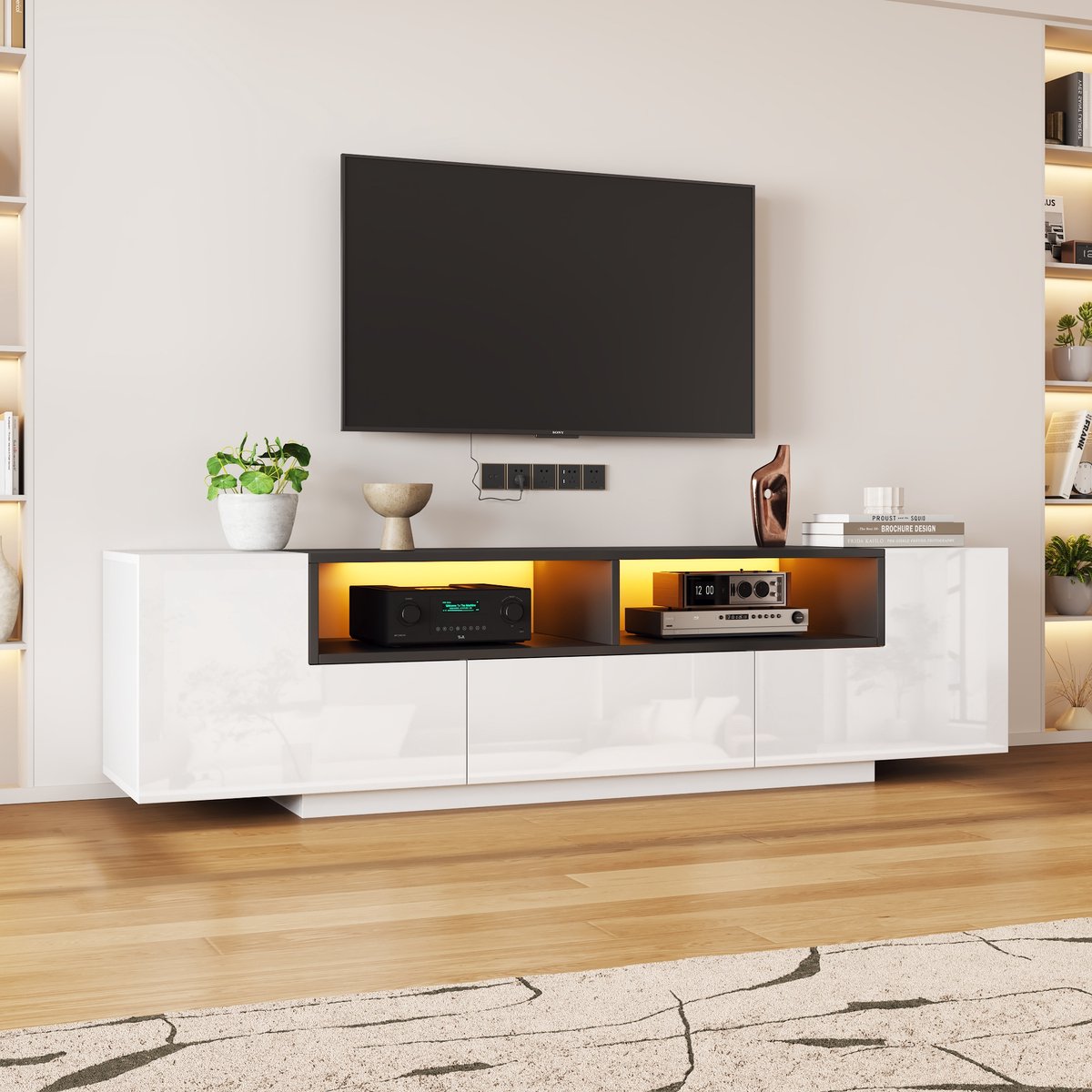 Clruro TV-Meubel - 180x40x48 cm - L-Vorm met LED en Lades - Hoogglans - Wit/Zwart