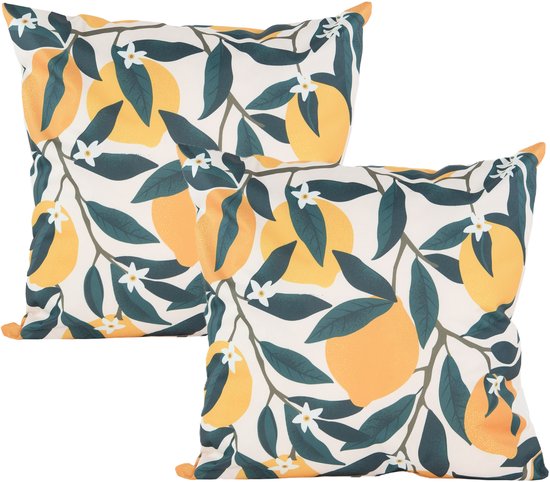 Collection Anna Coussin d'extérieur citrons - 2x - jaune/vert - 60 x 60 cm - Résistant à l'eau et aux UV - petit coussin pour l'extérieur - coussins de jardin