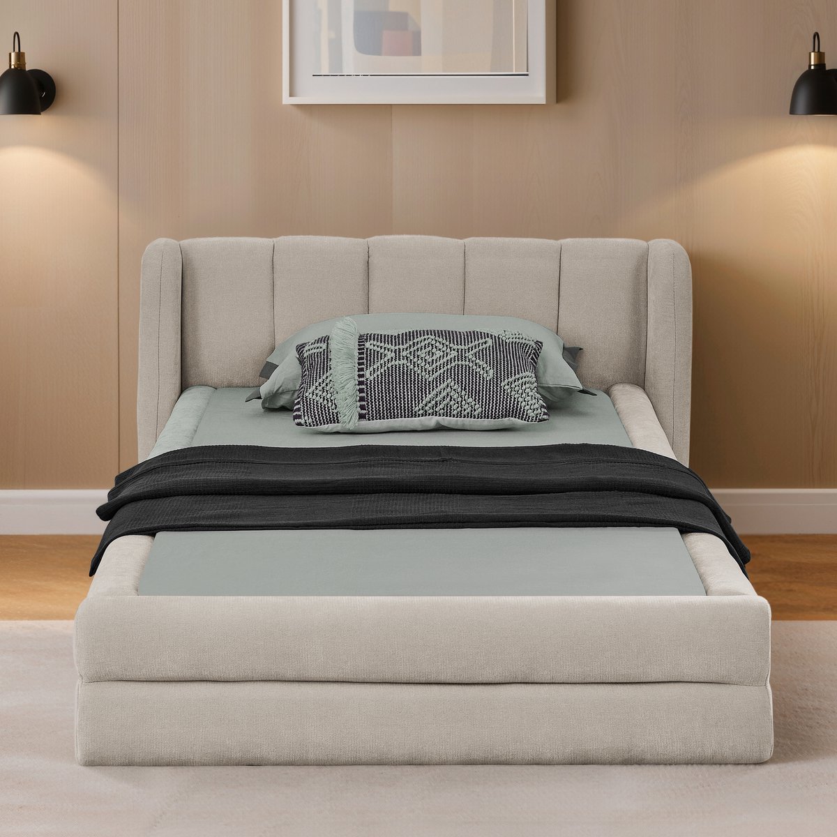 Wishdor Eenpersoonsbed – 90 x 200 cm – Chenille Bekleding – Gewatteerd Hoofdbord – Europees Minimalistisch – Beige – Versterkt Stil Frame – Stabiel tot 200 kg – Geschikt voor Matras >20 cm