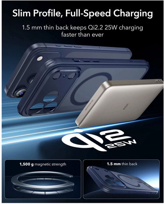 Twee donkerblauwe hoesjes op elkaar, met een draadloze oplader ernaast. "Slim Profile, Full-Speed Charging".