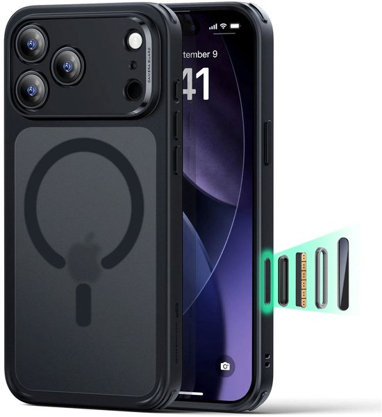 Zwarte hybride telefoonhoes met camera-bescherming, MagSafe-compatibiliteit en zichtbare magneten.