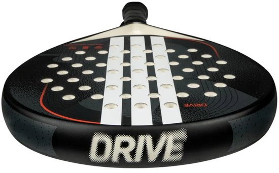 Zwart padelracket met 'DRIVE' in witte letters. Witte Adidas strepen lopen over de bovenkant.
