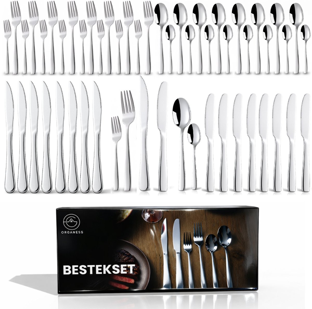 Organess 8 Persoons Bestekset (48-delig) - Lepels, Messen, Vorken, Steakmessen & Gebaksvorkjes - Vaatwasserbestendig Bestek - Glanzend Zilver / Edelstaal
