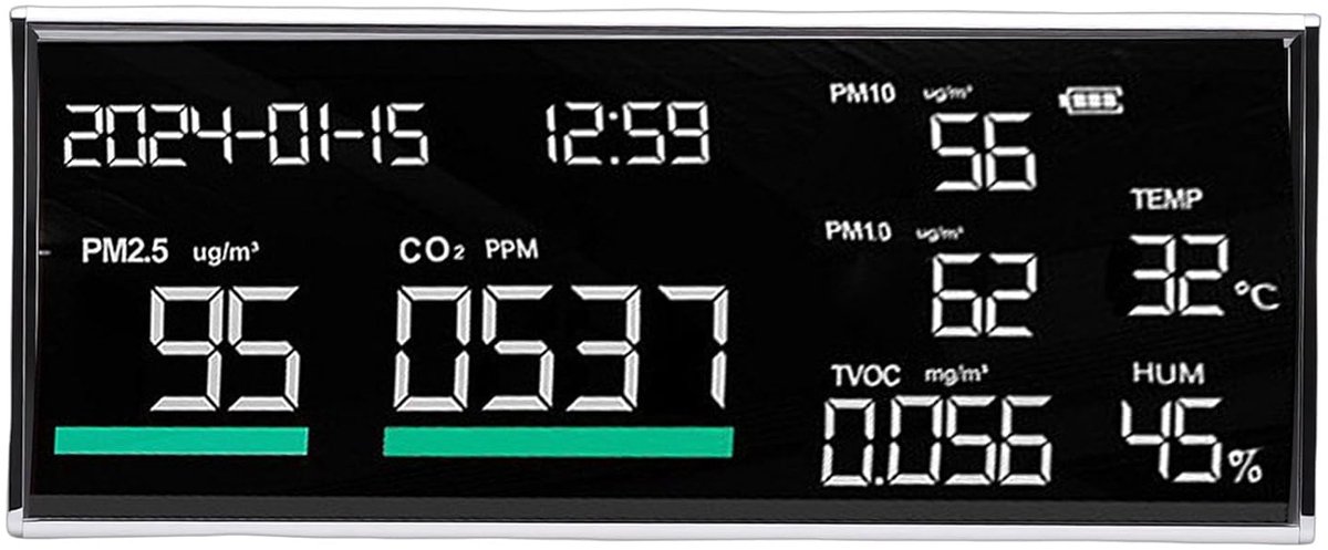 Luchtkwaliteitsmeter Binnen - CO2 TVOC Monitor - Gezond Binnenklimaat - 9 Functies - Temperatuur Vochtigheid - Aluminium