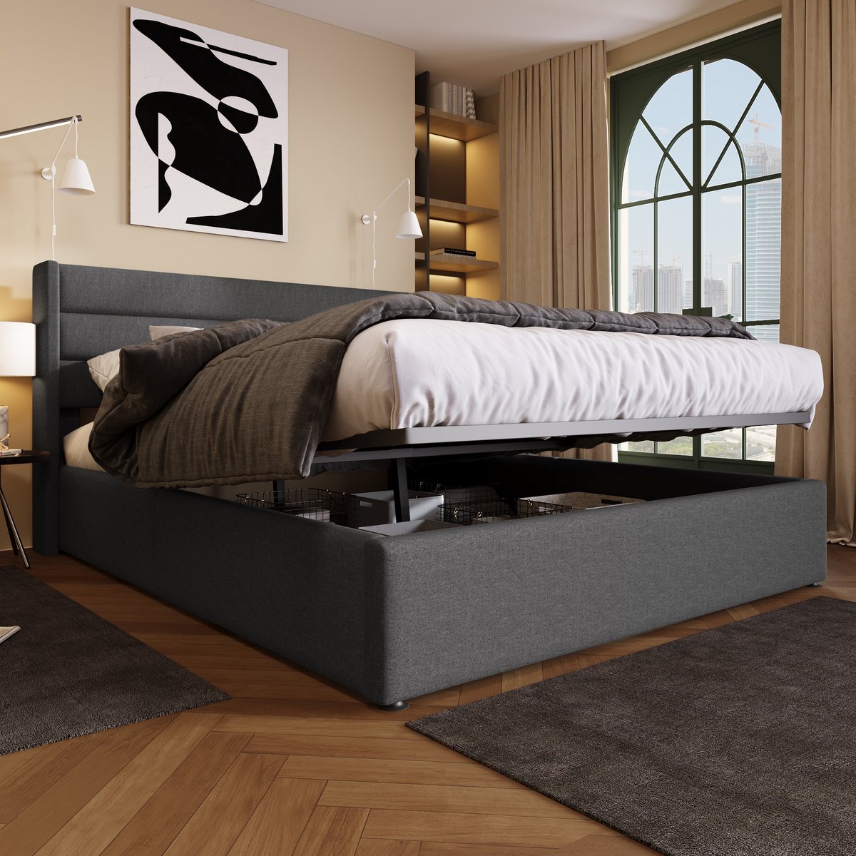 intebiki Opbergbed - Bed - Hydraulisch tweepersoonsbed - Afmetingen 140 x 200 cm - Houten bed met lamellen - Bed met metalen frame - Linnen - Grijs bed