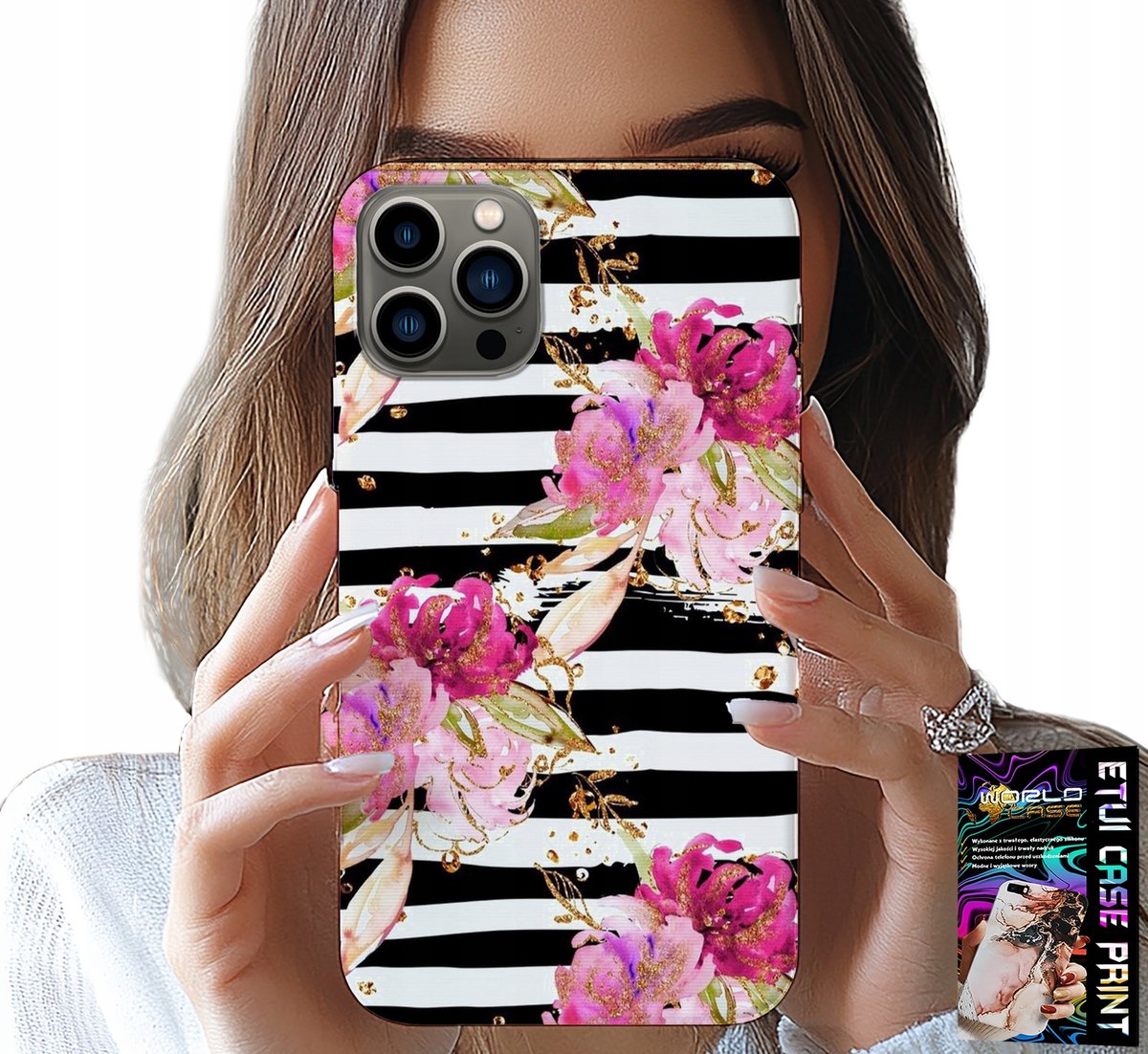 iPhone 13 Pro Max hoesje - Zwart-wit gestreept bloemenpatroon