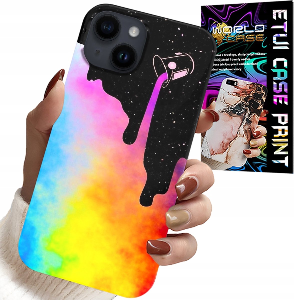 HOESJE VOOR IPHONE 14 PLUS - REGENBOOGKLEURIGE PATRONEN, VERF + FOLIE
