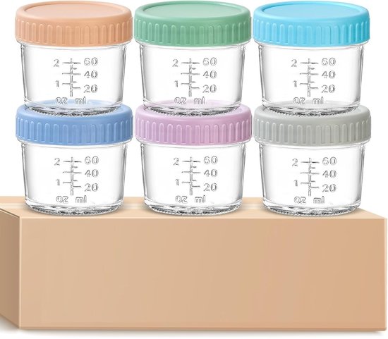 Pots de Conservation en Verre pour Aliments Bébé - Ensemble de 6 pièces - 120ml par récipient - Couleurs Rainbow - Étanche & Hermétique - Pots de Rangement en Verre Bébé - 6x6 cm