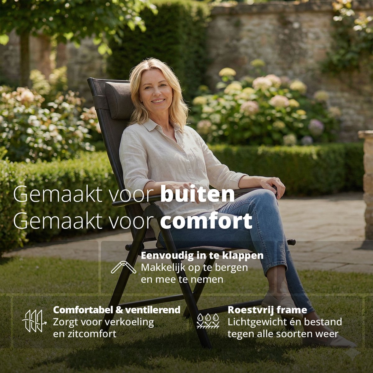 FlinQ Luma Verstelbare Aluminium Tuinstoelen 1-PACK - Weerbestendig Tuinmeubelen - Relax Stoel - Ideale Campingstoel - Ook voor Tuin of Balkon thumbnail 4