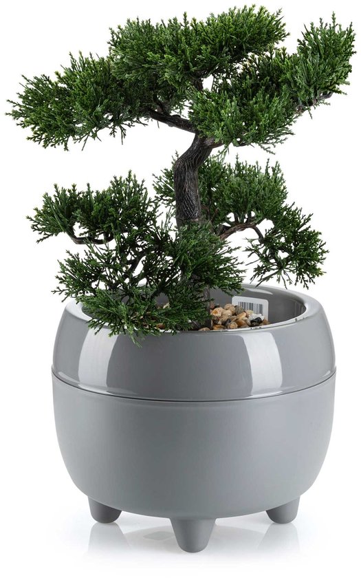 Twee grijze plantenbakken op poten met diverse planten.