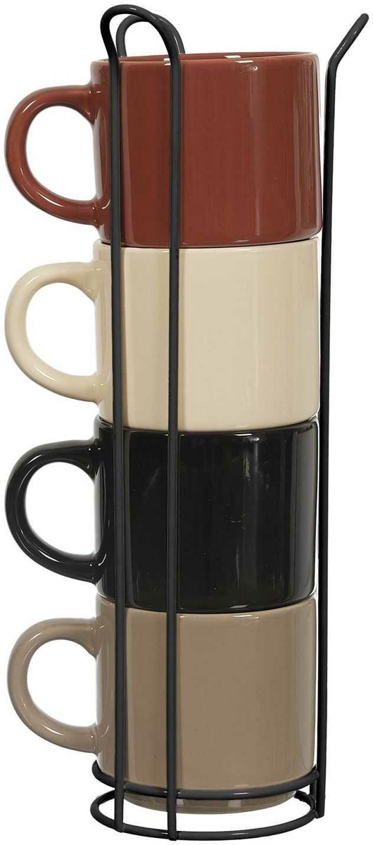 HowHomely - Mugsy Serie - Set van 4 Keramische Bekers - Ceglasty, Beige, Karmelien en Zwart - Met Metalen Standaard