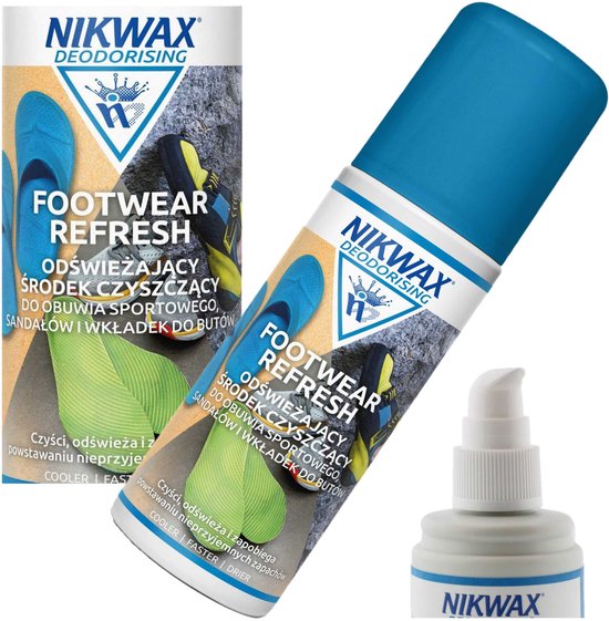 Fles Nikwax Footwear Refresh en een doosje met tekst in het Pools en Engels.