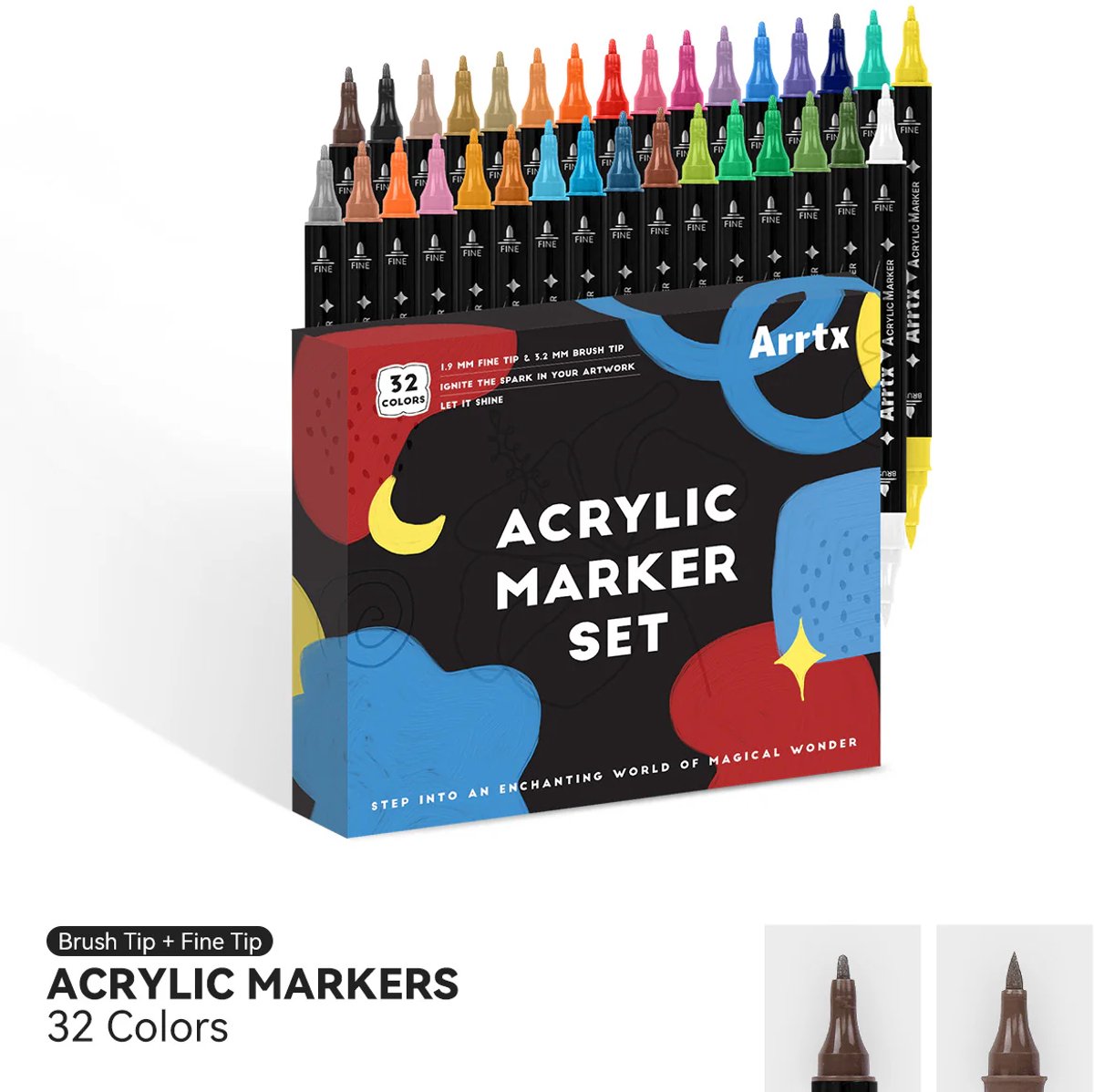 Arrtx - Acrylmarkers - Dual Tip Brush & Fine - Paint Brush Tip Markers - 32 kleuren