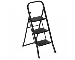 BRASQ Huishoudtrap 3-treden Zwart - keukentrap inklapbaar metaal voor Particulier en professioneel gebruik - Trap Ladder - Anti slip