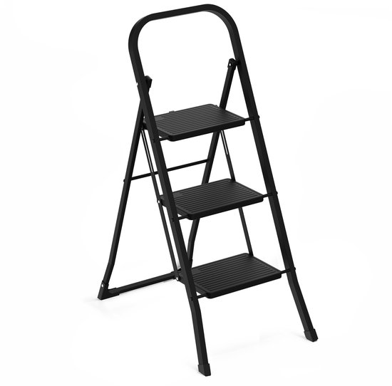 BRASQ Huishoudtrap 3-treden Zwart - keukentrap inklapbaar metaal voor Particulier en professioneel gebruik - Trap Ladder - Anti slip