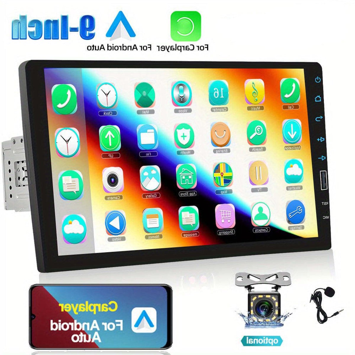 Autoradio – Car Stereo – Auto Radio – Single Din Radio – Touchscreen – 9 Inch Scherm – Apple CarPlay & Android Auto – Ingebouwde USB Oplaadpoort – Achteruitrijcamera Met 12 LED