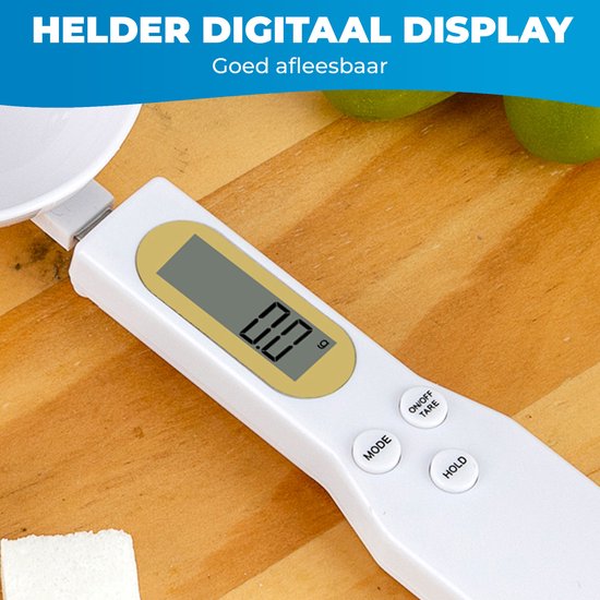 Close-up van de witte lepelweegschaal met een helder, goed afleesbaar digitaal display dat '0.0 g' toont.