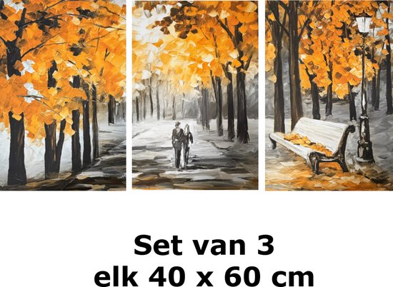 Ensemble de 3 peintures d'un paysage d'automne avec arbres orange, un chemin avec un couple et un banc. Chacun 40x60 cm.