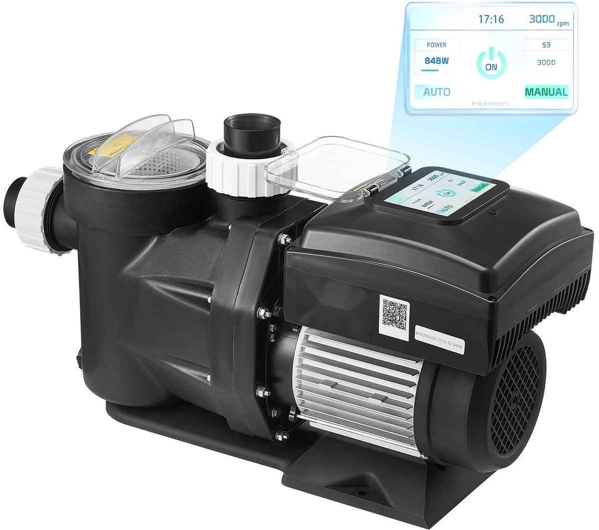 Zwembadpomp - Zelfaanzuigende Filterpomp - Debiet 43.000 l/u - Vermogen 2.200 W - Opvoerhoogte 18 m - Variabele Snelheid - Voor Inbouw en Bovengrondse Zwembaden