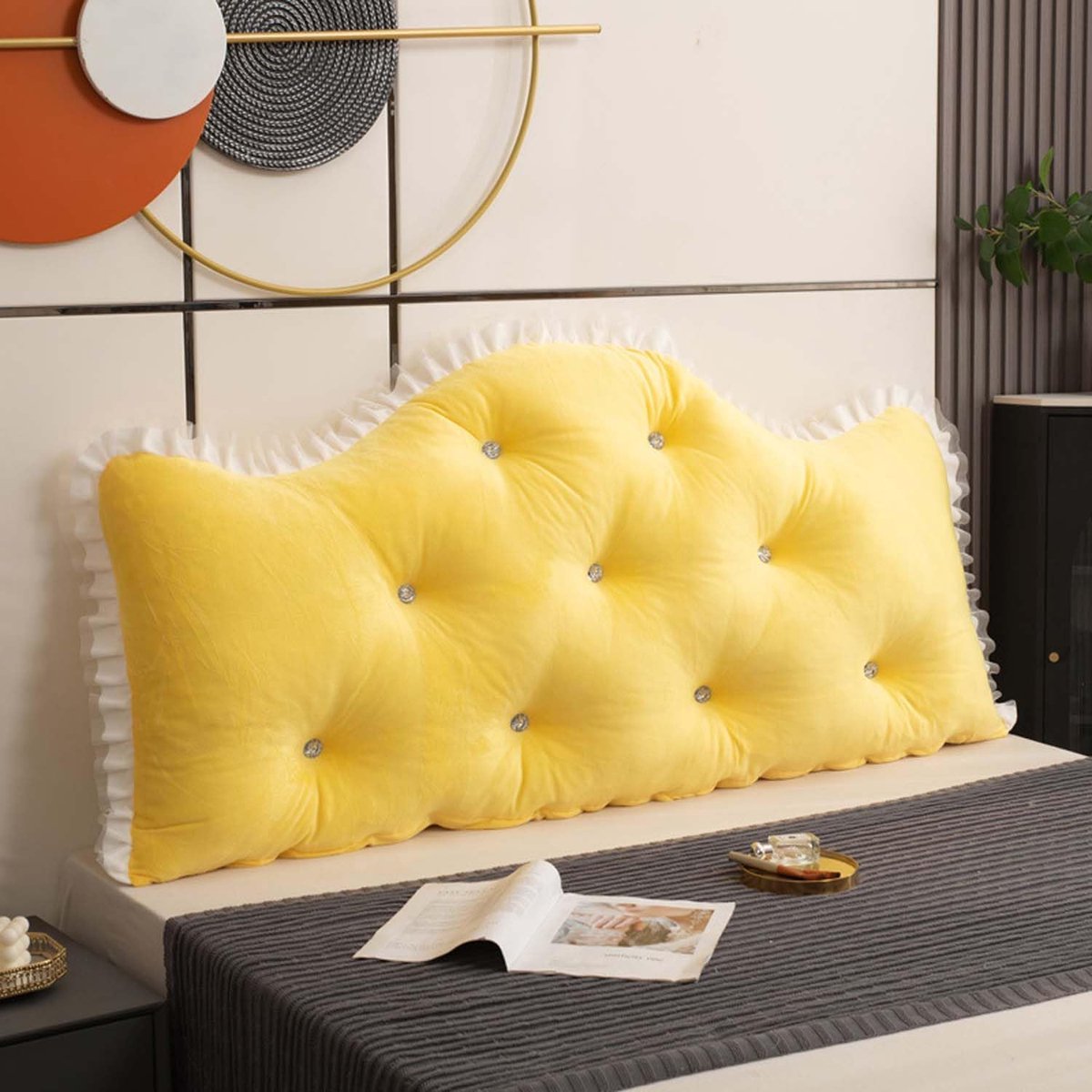 Hoofdeinde Kussen - Leeskussen Rugsteun - Comfortabel Lezen - Wigvormig Ontwerp - 150 cm Lengte - Geel