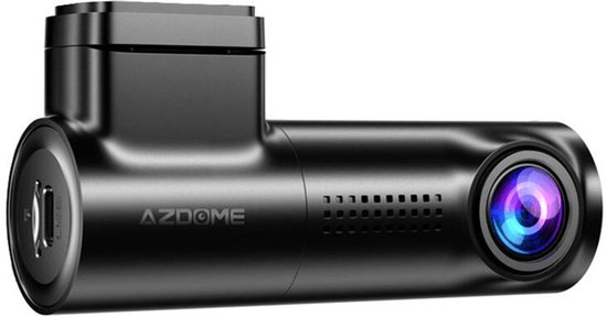 Zwarte AZDome dashcam, zijaanzicht, met lens aan de voorkant en ventilatieopeningen.