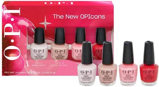 O.P.I. The New OPicons mini nagellak set met vier lakjes op de voorgrond en de verpakking op de achtergrond.