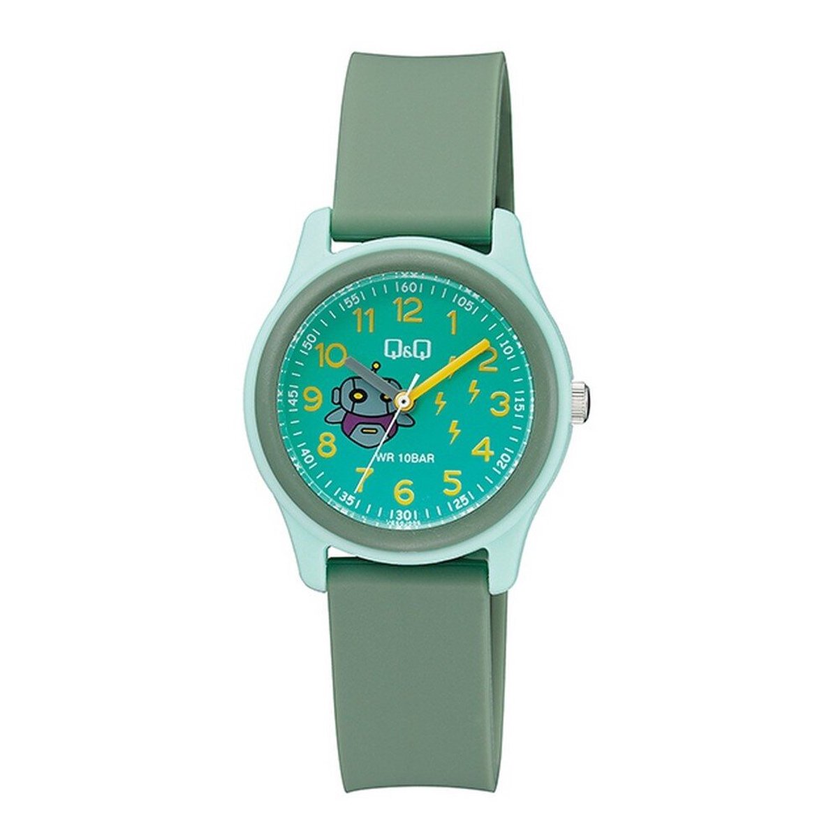 QQ VS59J006Y - Horloge - Sport - Analoog - Kinderen - Unisex - Plastic band - Rond - Kunststof - Cijfers - Dolfijn - Donkergroen - Lichtgroen - Geel - 10 ATM