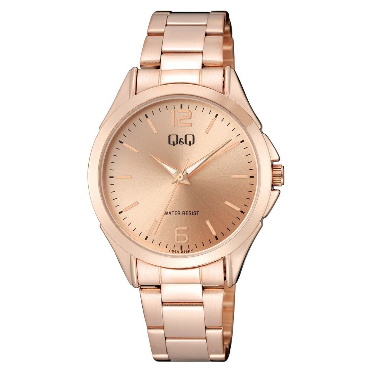 QQ C04A-016PY - Horloge - Polshorloge - Analoog - Dames - Vrouwen - Stalen band - Rond - Metaal - Cijfers - Strepen - Rosékleurig