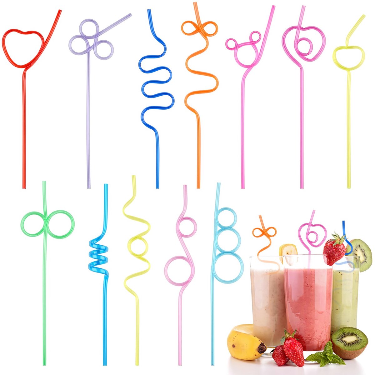 longziming - Drinkrietjes - Creatieve vorm rietjes - Gekke rietjes - Gekrulde rietjes - 12 stuks - 25-27 cm - PVC - Vaatwasmachinebestendig - Felle kleuren