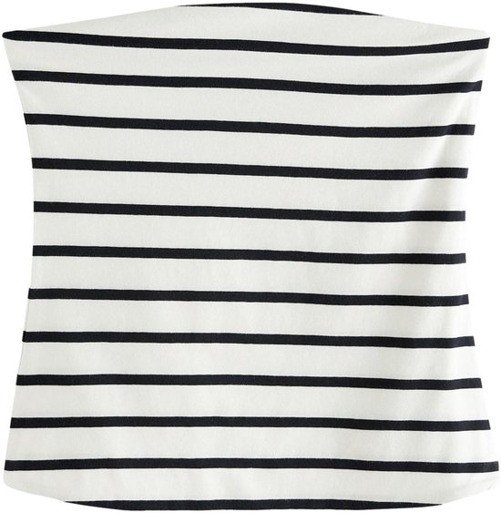 Strapless top met zwarte horizontale strepen op een witte achtergrond.