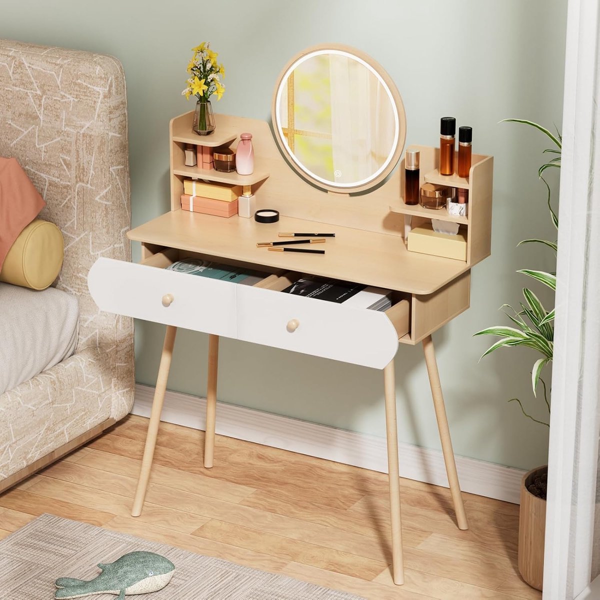 Verstelbare LED Make-up Tafel met Spiegel, 3 Lichtmodi en Opbergruimte