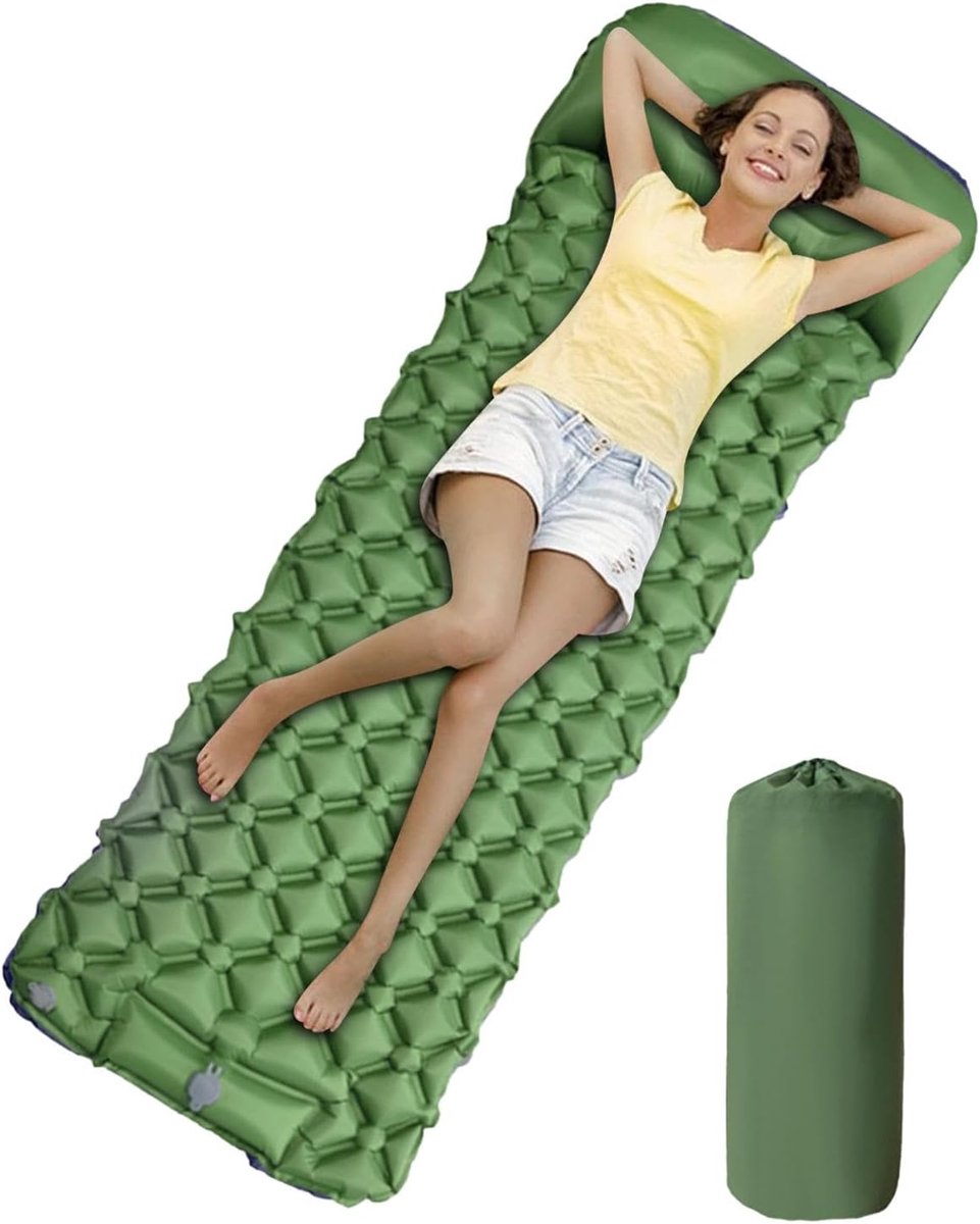 Opblaasbaar slaapmatje - Kampeerluchtbed - Kamperen en wandelen - Snel opblazen 30 sec - 190x60cm uitgevouwen - Legergroen