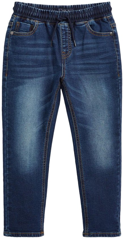 Donkerblauwe jeans met elastische tailleband en trekkoord. Gebruinde wassing.