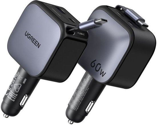 Twee grijze en zwarte UGREEN 60W autoladers naast elkaar, met USB-C en USB-A poorten.