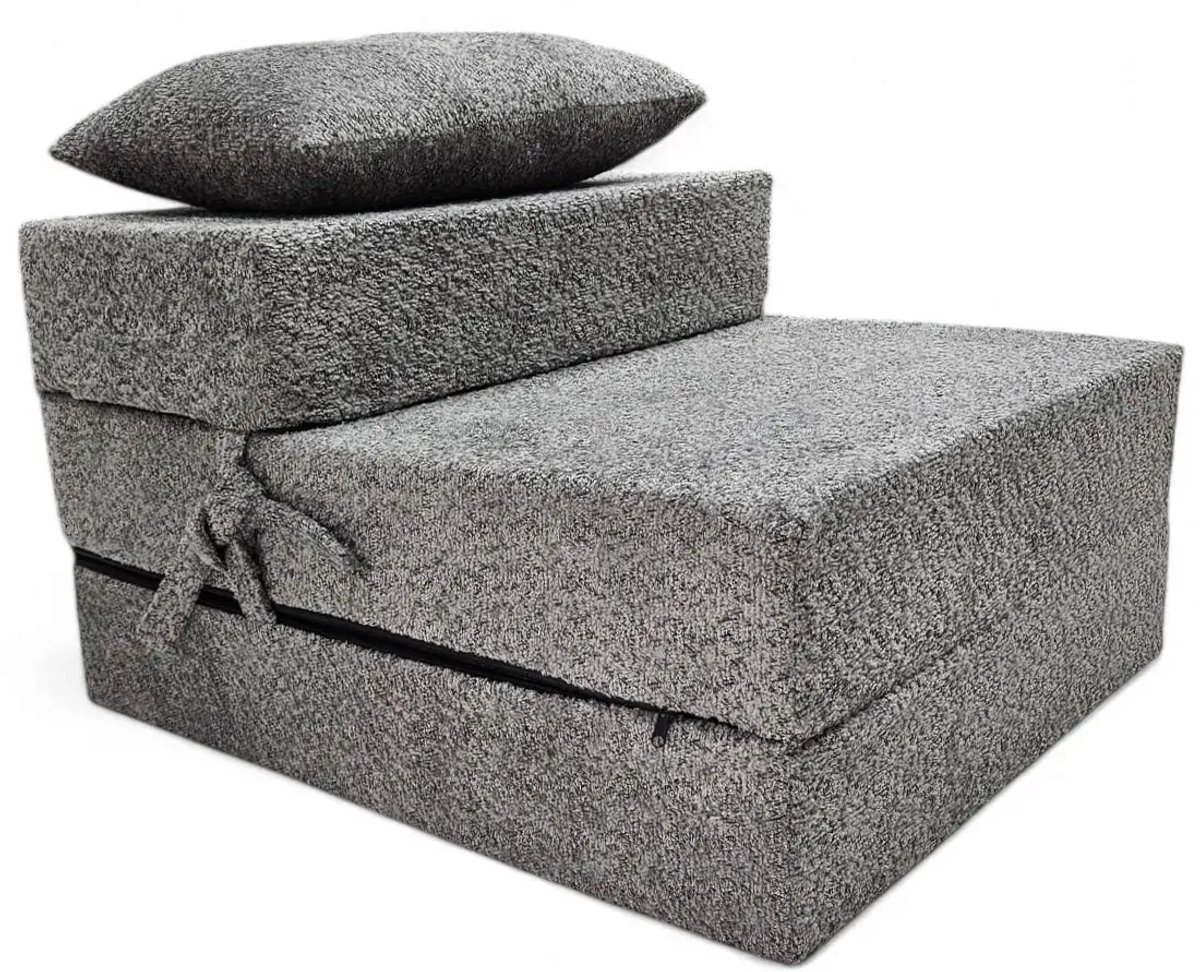 Opvouwbare slaapstoel 3-in-1 van bouclé – uitklapbaar logeermatras, fauteuil en vloermatras – 200 x 70 x 15 cm, grafiet bouclé