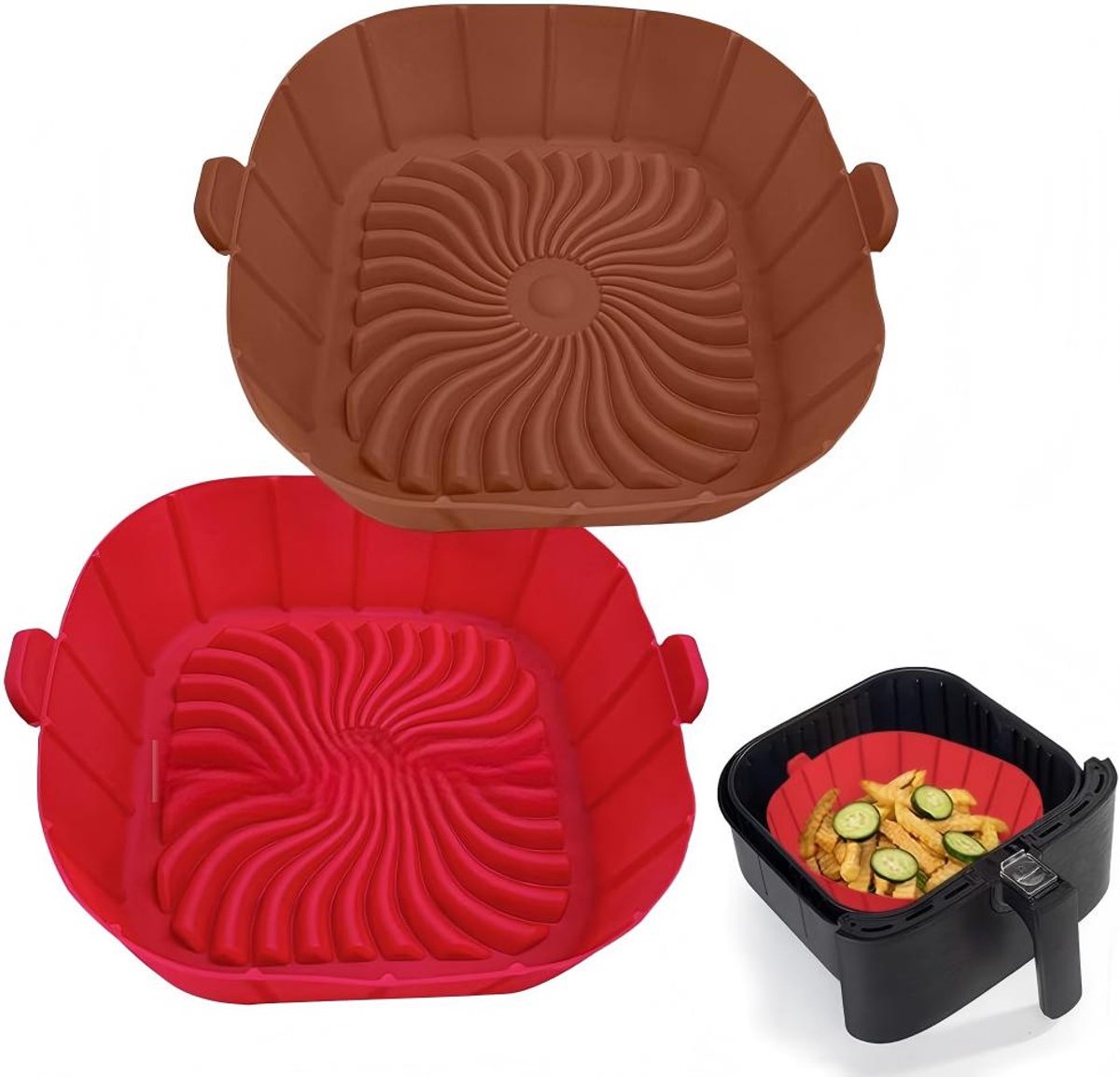 Siliconen bakjes - Siliconen Inzetstukken Voor Airfryers - Herbruikbare Siliconen Airfryermandje - Vierkant Niet-plakken Voor Airfryer 2–3 Liter - 2 Stuks - Rood Bruin