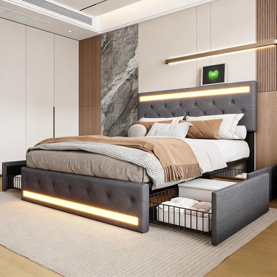 Gestoffeerd Bed - Tweepersoonsbed - Opbergruimte - LED en USB - 180x200 cm - Grijs