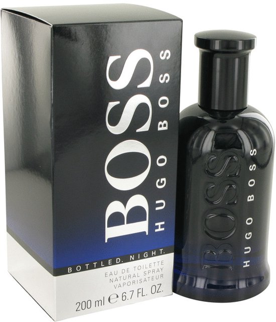 Hugo Boss Bottled Night eau de toilette 200ml fles en doos. De doos is zwart met een blauwe gradiënt.