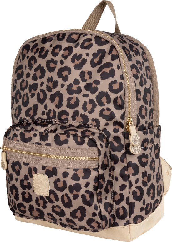 Rugzak met luipaardprint, beige details, ritsen en een beige bodem.