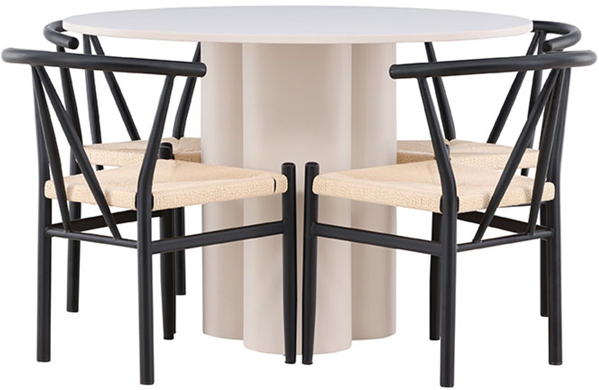 Olivia eethoek tafel Ø110cm en 4 stoelen met armleuningen stapelbaar beige.