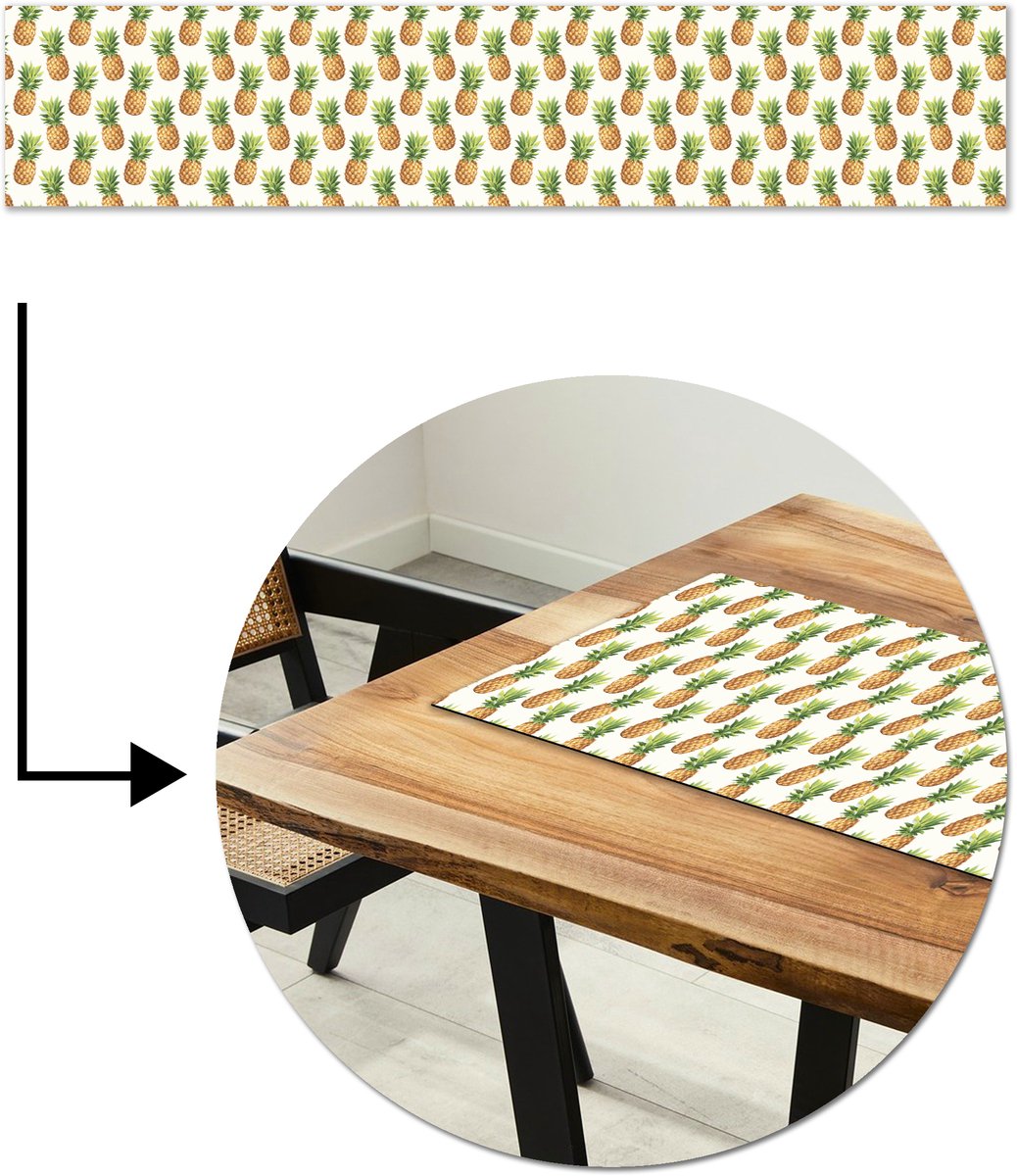 Tafelloper 200x40 cm - Tafelmat vinyl Vintage - Ananas - Blad - Tafeldecoratie - Tafelversiering - Keuken decoratie - Tafel versiering