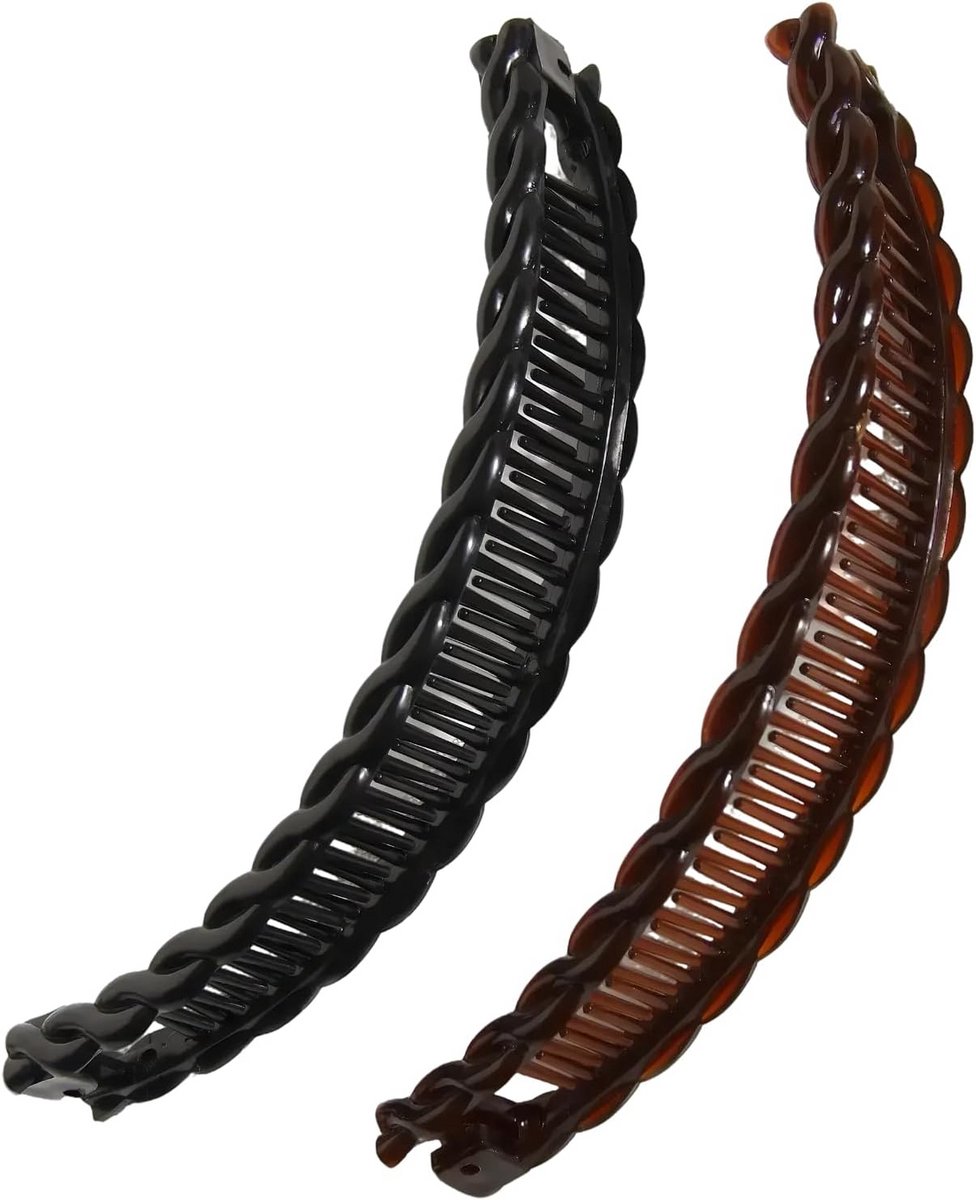 Set van 2 decoratieve bananenhaarspelden voor lang haar in zwart en bruin