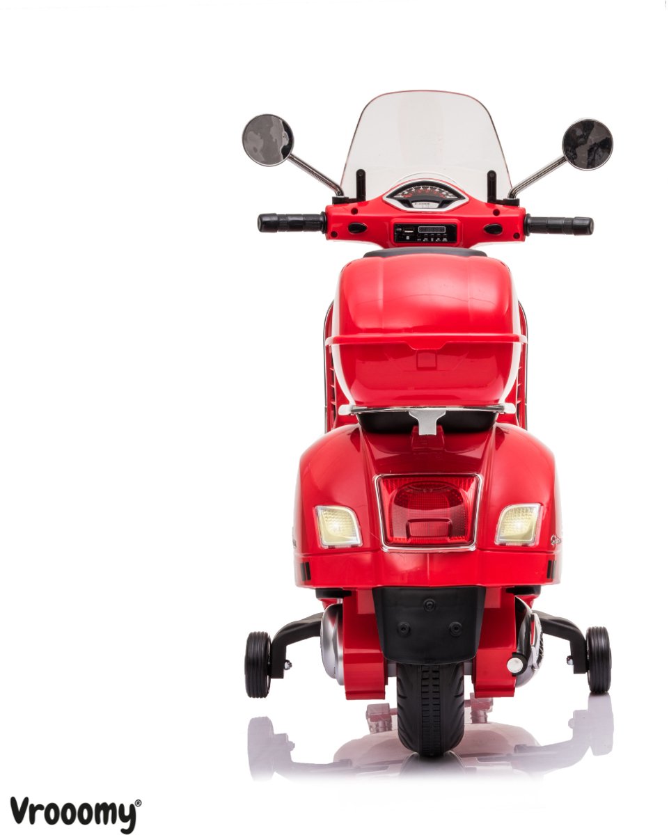 Vespa GT Full Option Elektrische Kinderscooter 3 tot 6 jaar – Officieel Gelicentieerde Kinder Vespa met Kofferbak & Verwijderbare Zijwieltjes – Li-ion Kindermotor met Kunstlederen Zitje, MP3 AUX & USB – Rood — afbeelding 10