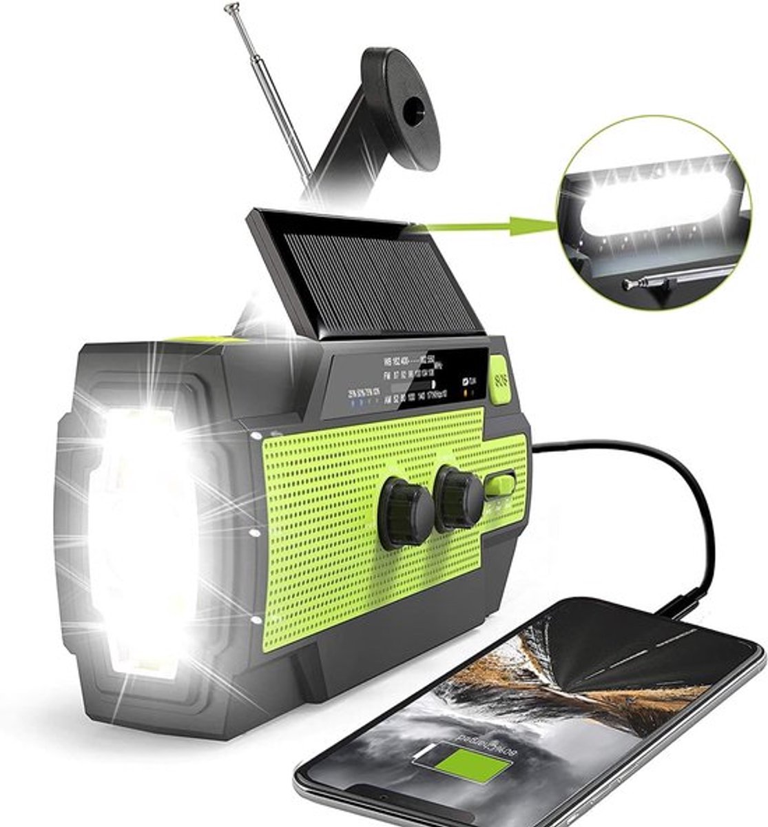 Radio - Noodradio Solar Opwindbaar en Batterij - Noodpakket - Draagbare Survival Radio - 4000 mAh - Powerbank Zonneenergie - Bouwradio - Zaklamp – Groen